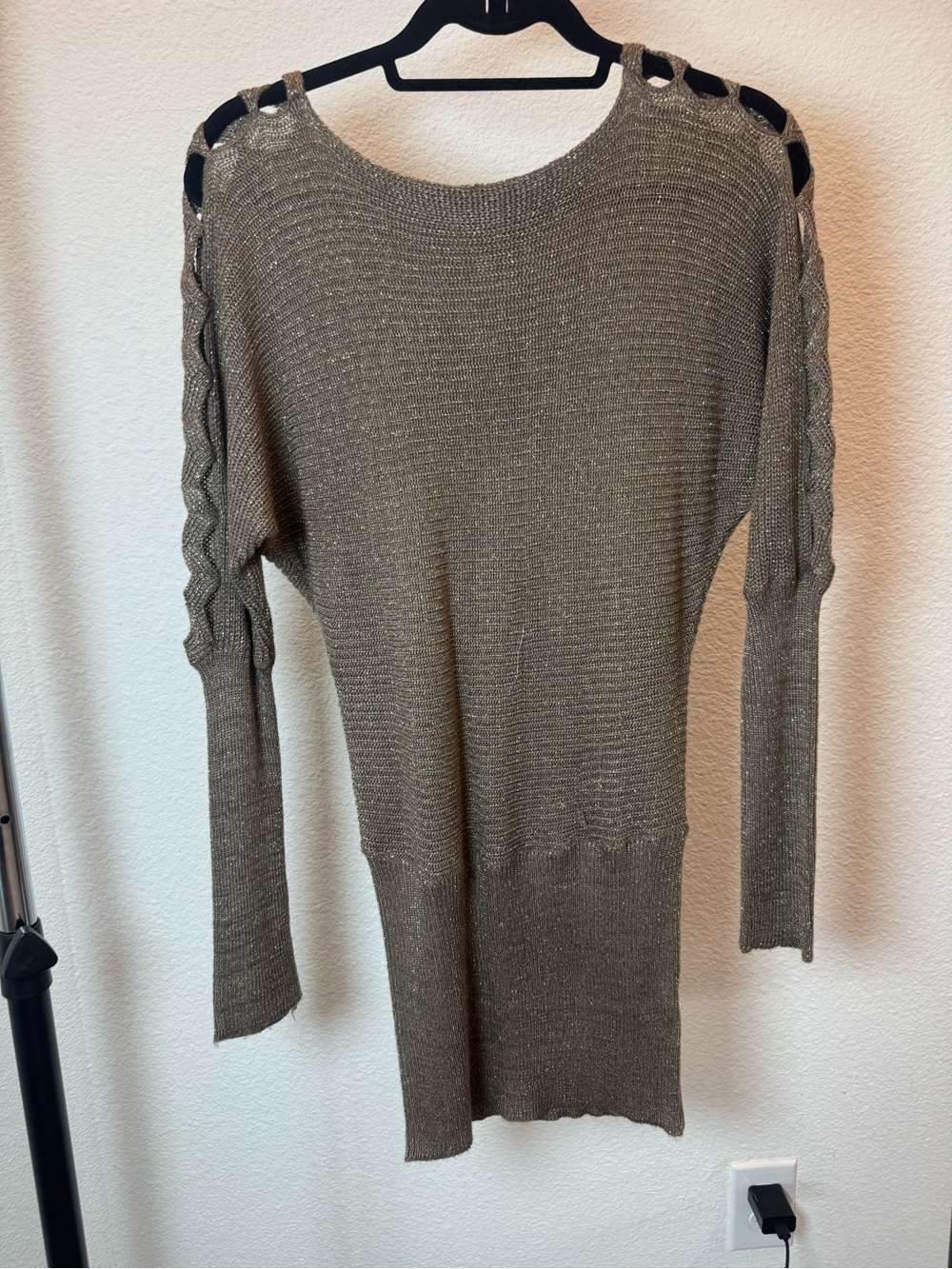 Miracle USA Metallic Taupe Cold Shoulder Knit Sweater Dress Tunic M/L